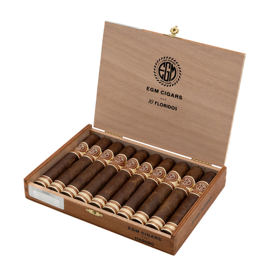 Open box of EGM Maduro Floridos cigars with American Broadleaf maduro wrappers